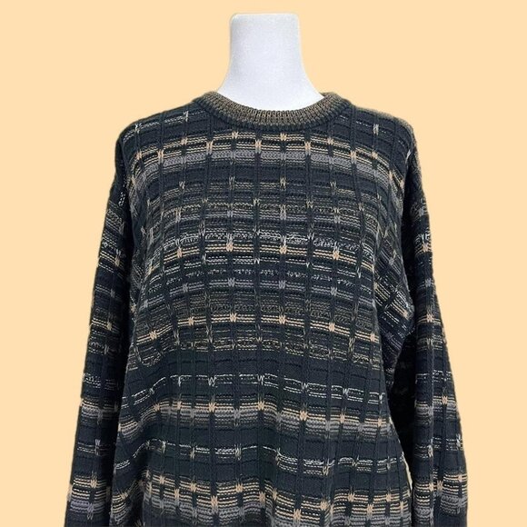 block gray and beige striped vintage 90s chunky knit sweater - Picture 1 of 8